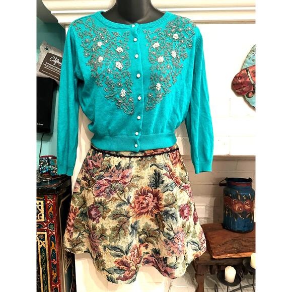 NEW VINTAGE 50's 60's STYLE RETRO TURQUOISE BEADED CARDIGAN SWEATER S/M - Picture 1 of 7